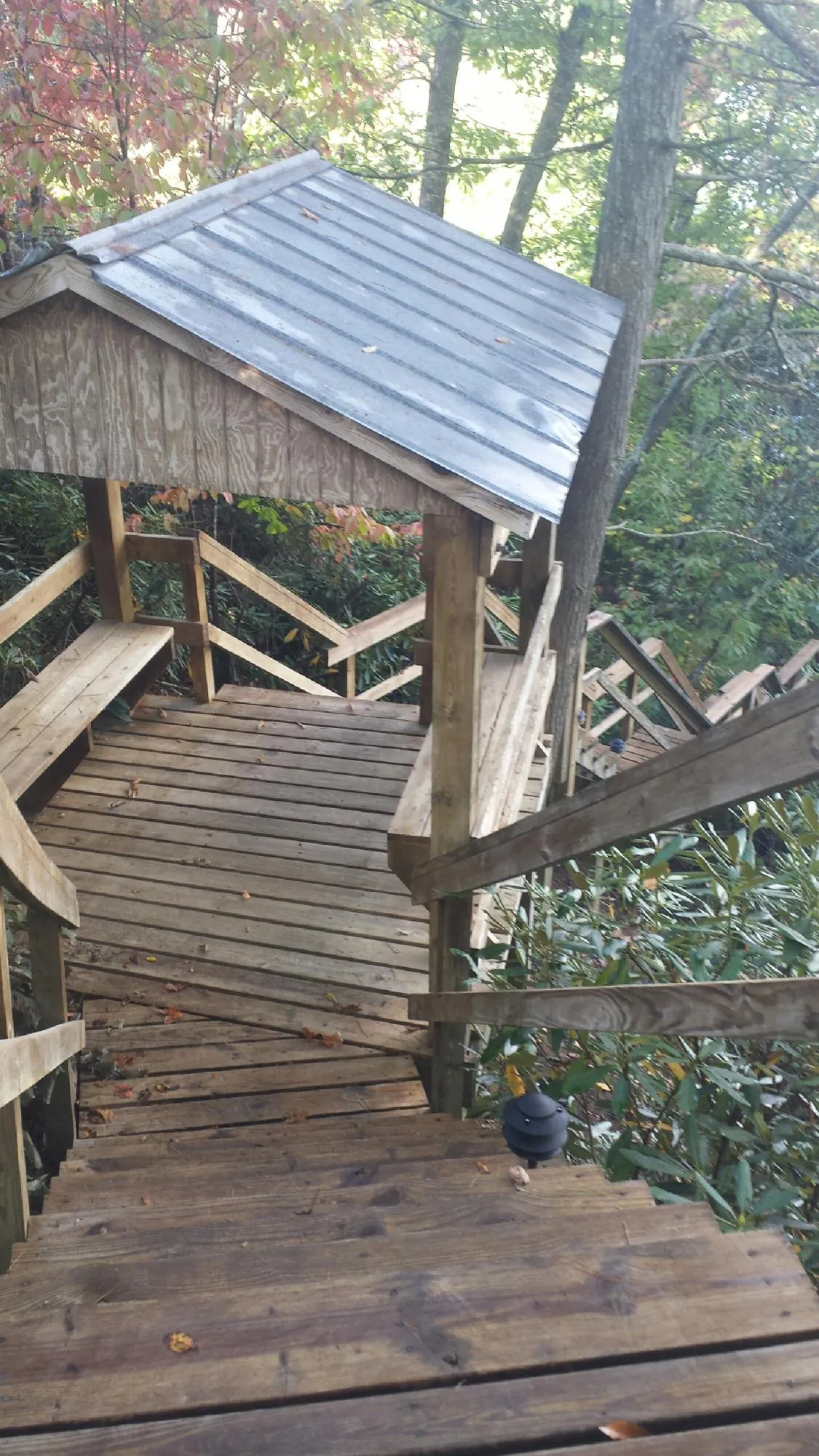 Metal roofed shelter over wooden steps on a wooded walkway — Skylight Repair & Installation work by our crew in Eleva